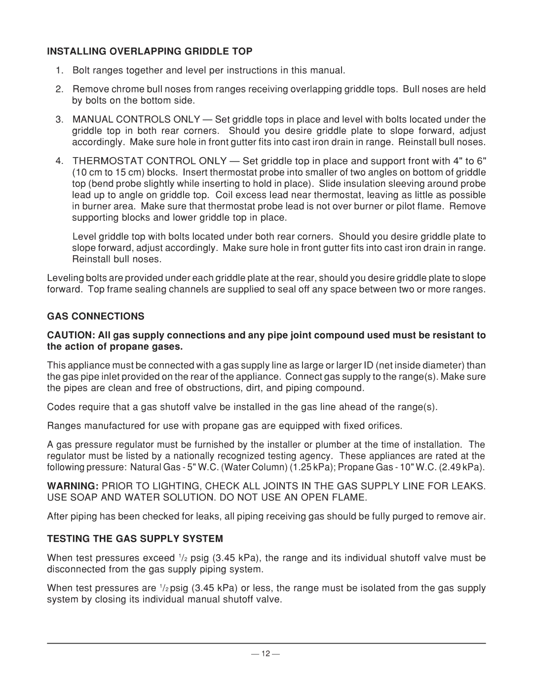 Vulcan-Hart ML-44905Z operation manual Installing Overlapping Griddle TOP, GAS Connections, Testing the GAS Supply System 