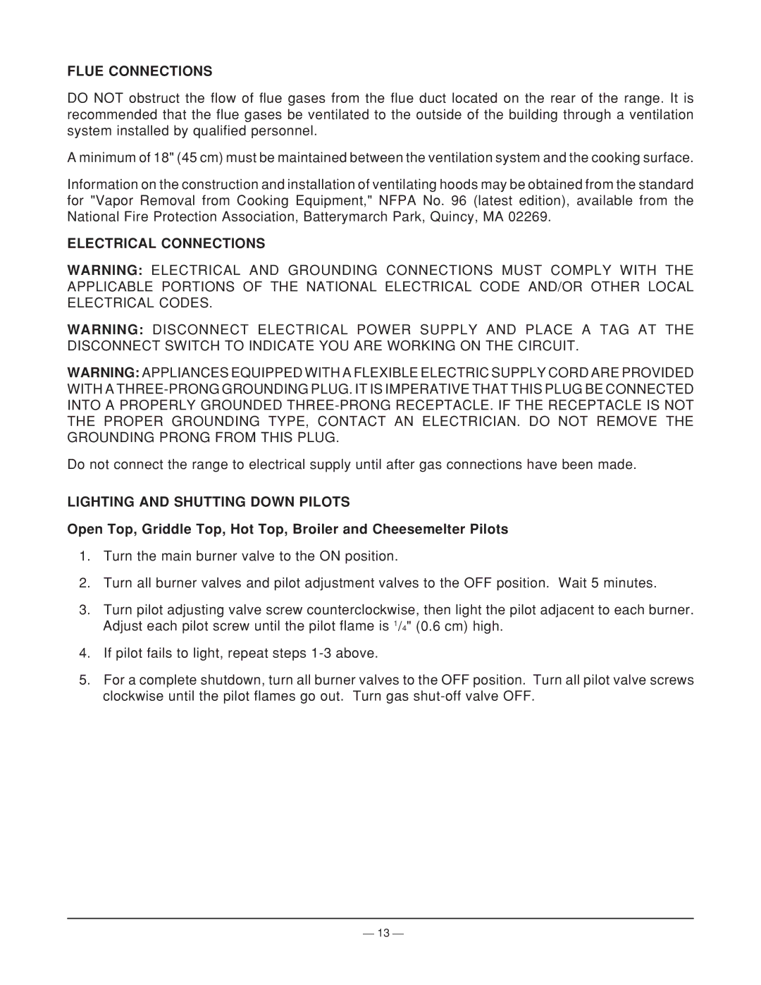 Vulcan-Hart ML-44905Z operation manual Flue Connections, Electrical Connections, Lighting and Shutting Down Pilots 