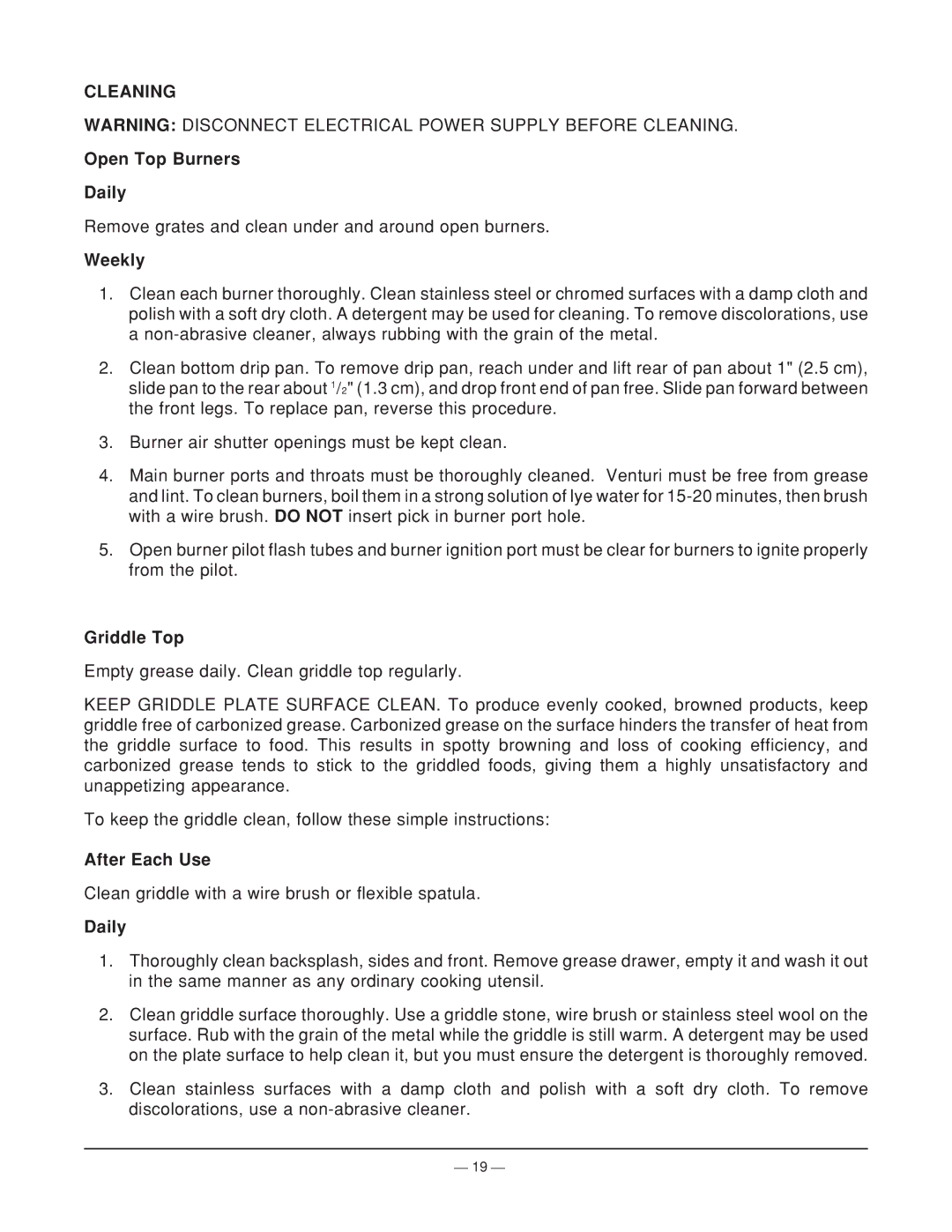 Vulcan-Hart ML-44905Z operation manual Cleaning, Open Top Burners Daily, Weekly, Griddle Top, After Each Use 