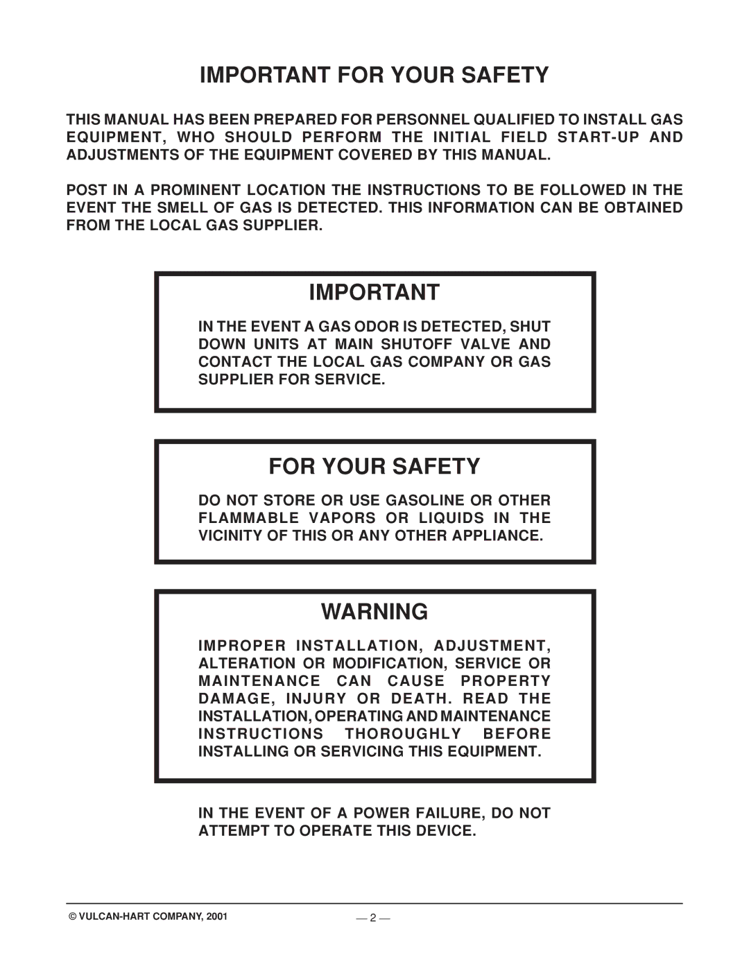 Vulcan-Hart ML-44905Z operation manual Important for Your Safety, For Your Safety 