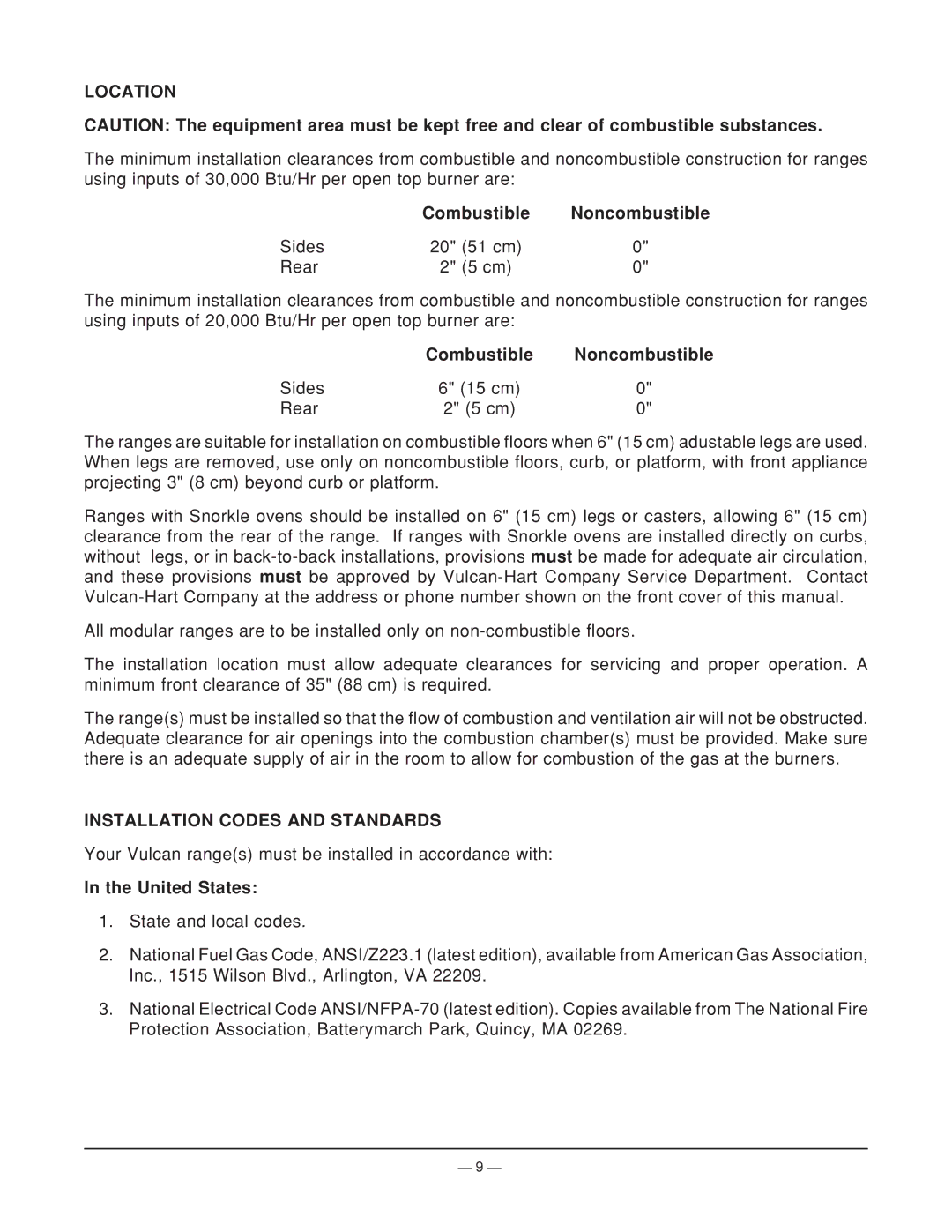 Vulcan-Hart ML-44905Z Location, Combustible Noncombustible, Installation Codes and Standards, United States 