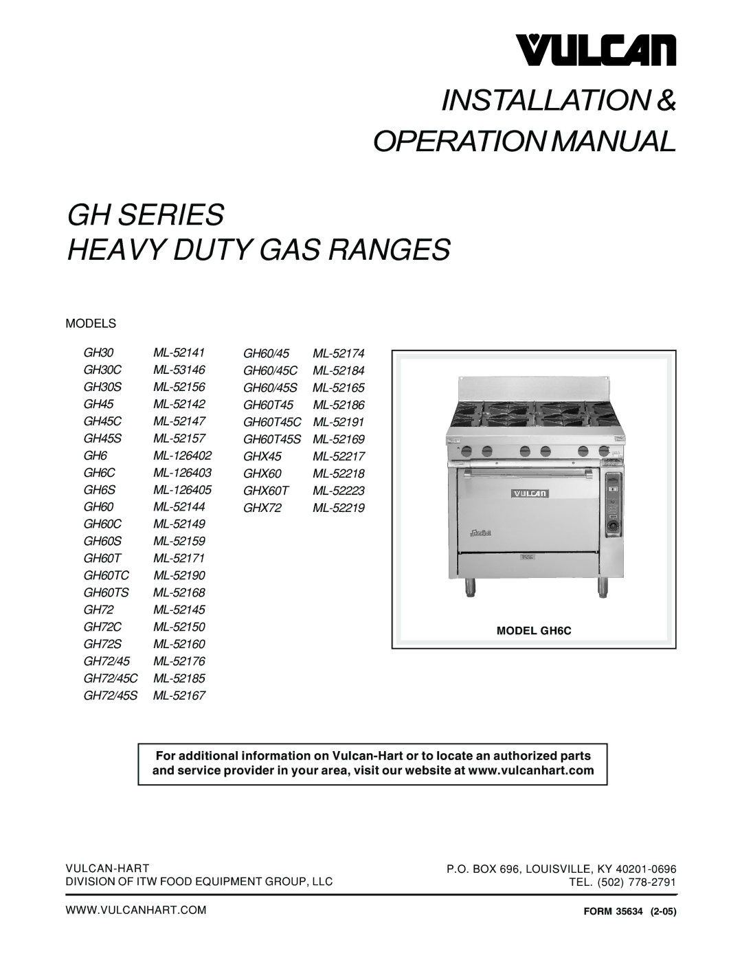 Vulcan-Hart ML-53146, ML-52168, ML-52144, ML-52159, ML-52157 operation manual Installation GH Series Heavy Duty GAS Ranges 