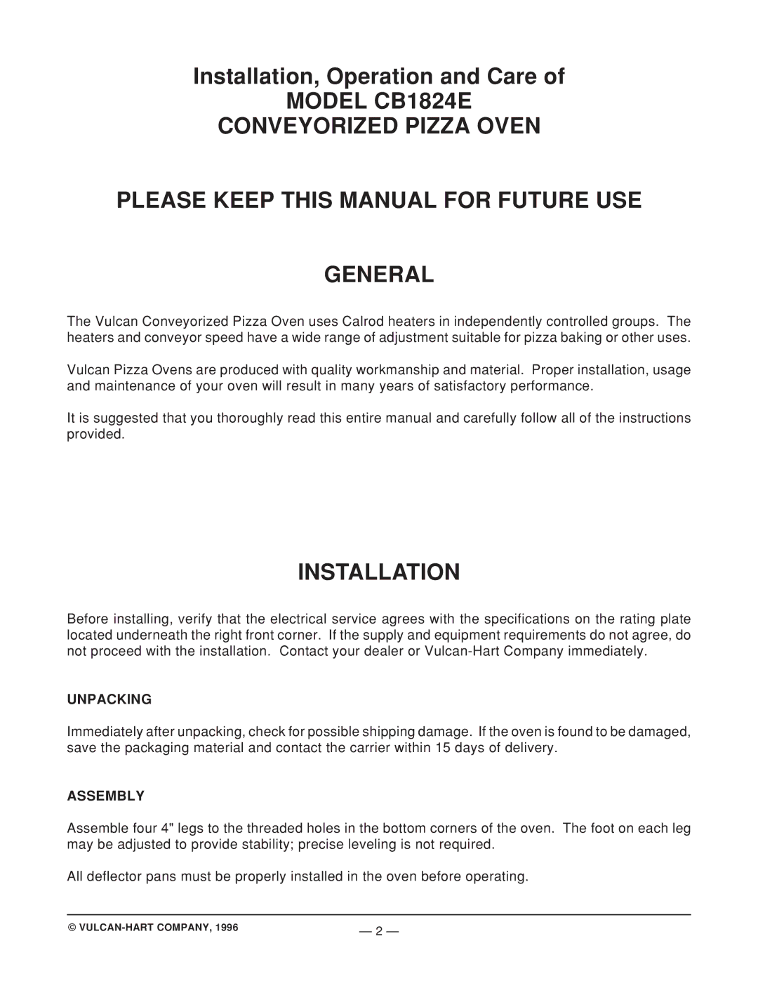 Vulcan-Hart ML-52497, CB1824E operation manual Installation, Unpacking, Assembly 