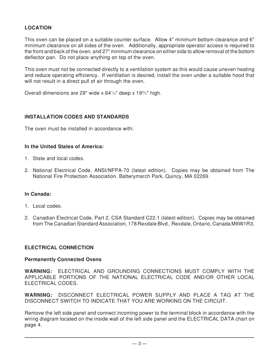 Vulcan-Hart CB1824E, ML-52497 operation manual Location, Installation Codes and Standards, Electrical Connection 