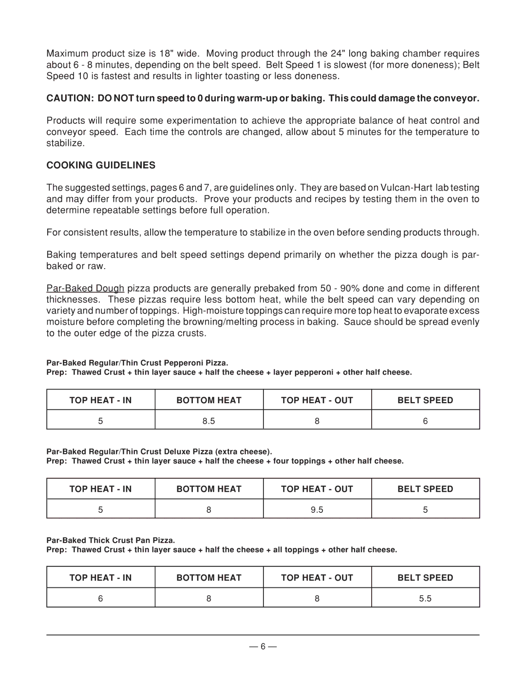 Vulcan-Hart ML-52497, CB1824E operation manual Cooking Guidelines, TOP Heat Bottom Heat TOP Heat OUT Belt Speed 