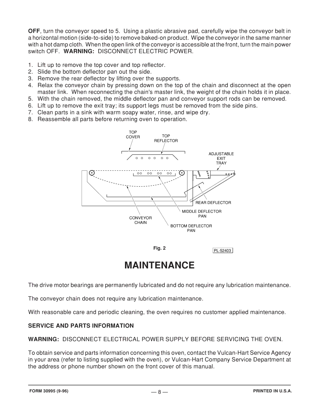 Vulcan-Hart ML-52497, CB1824E operation manual Maintenance, Service and Parts Information 