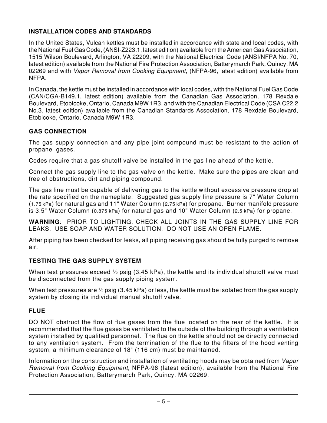 Vulcan-Hart ML-52634, ML-52637, GL80E Installation Codes and Standards, GAS Connection, Testing the GAS Supply System, Flue 