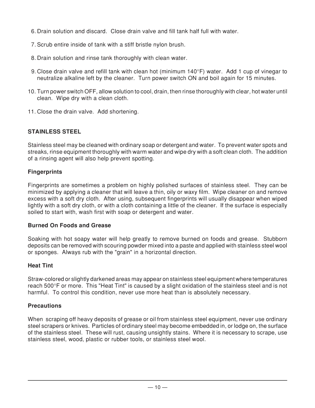 Vulcan-Hart SPER0 FRYMATE ML-52920 Stainless Steel, Fingerprints, Burned On Foods and Grease, Heat Tint, Precautions 