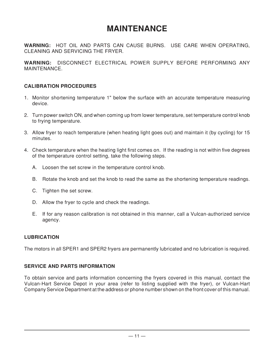 Vulcan-Hart SPER2 ML-52919, ML-52918 Maintenance, Calibration Procedures, Lubrication, Service and Parts Information 