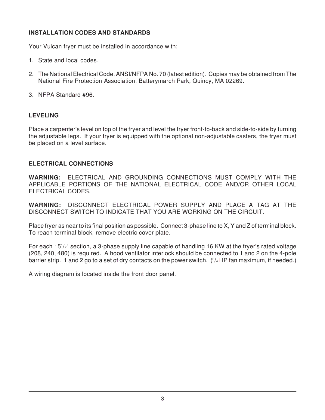 Vulcan-Hart ML-52918, SPER0 FRYMATE ML-52920 Installation Codes and Standards, Leveling, Electrical Connections 