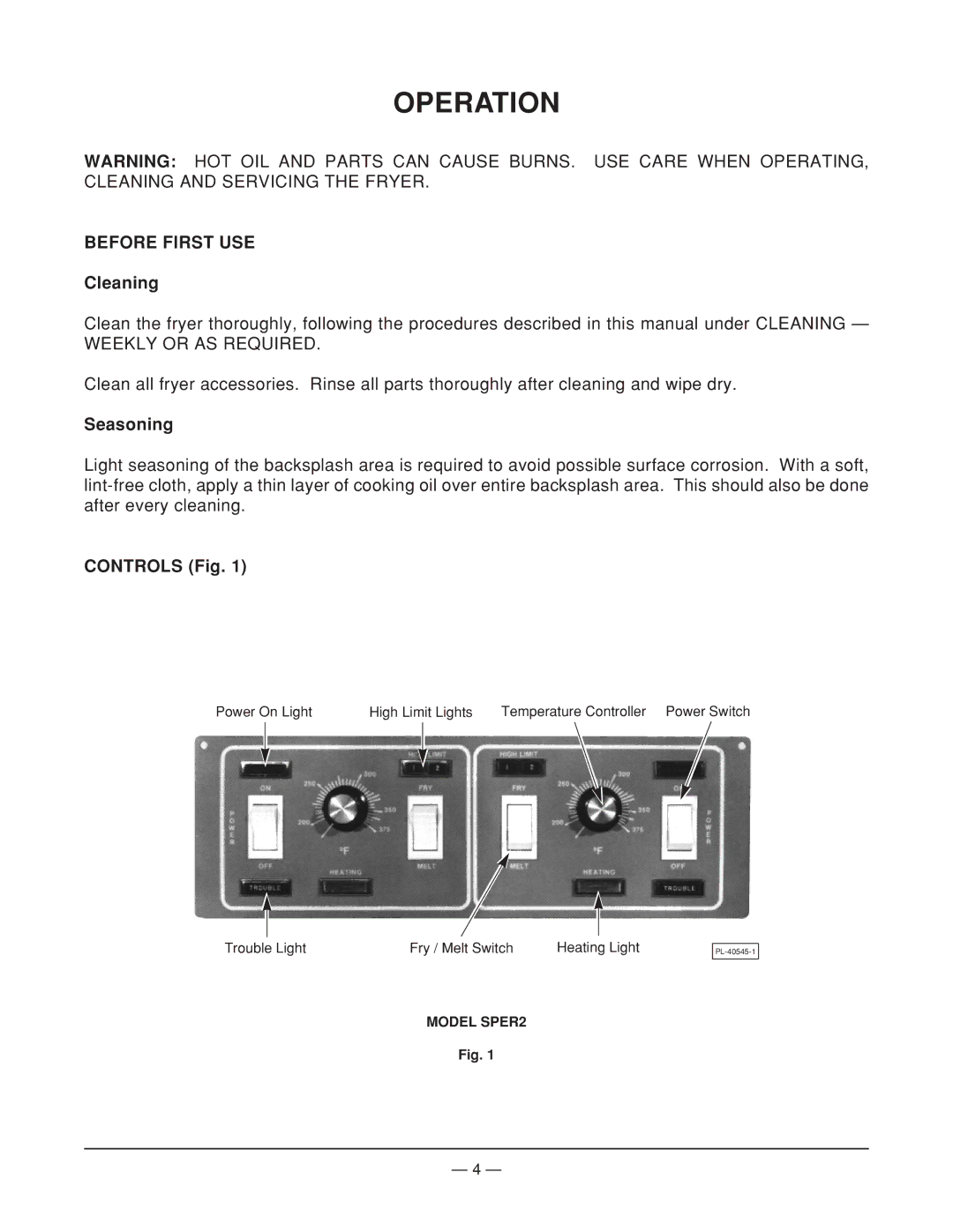 Vulcan-Hart SPER0 FRYMATE ML-52920, ML-52918, SPER2 ML-52919 Operation, Before First USE, Cleaning, Seasoning, Controls Fig 