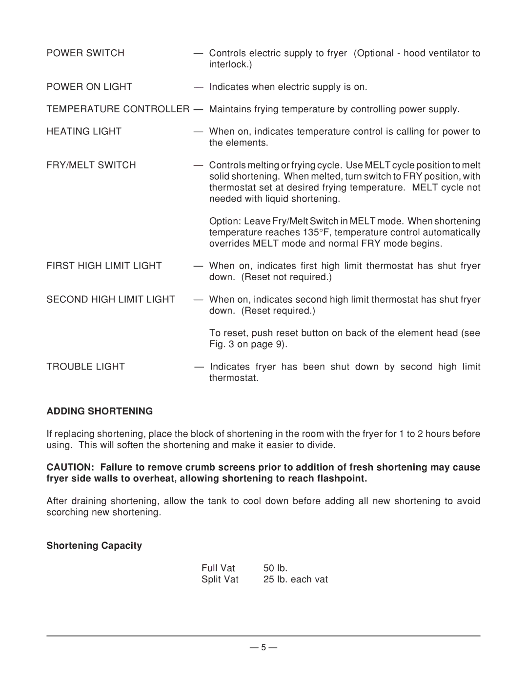 Vulcan-Hart SPER2 ML-52919, ML-52918, SPER0 FRYMATE ML-52920 operation manual Adding Shortening, Shortening Capacity 