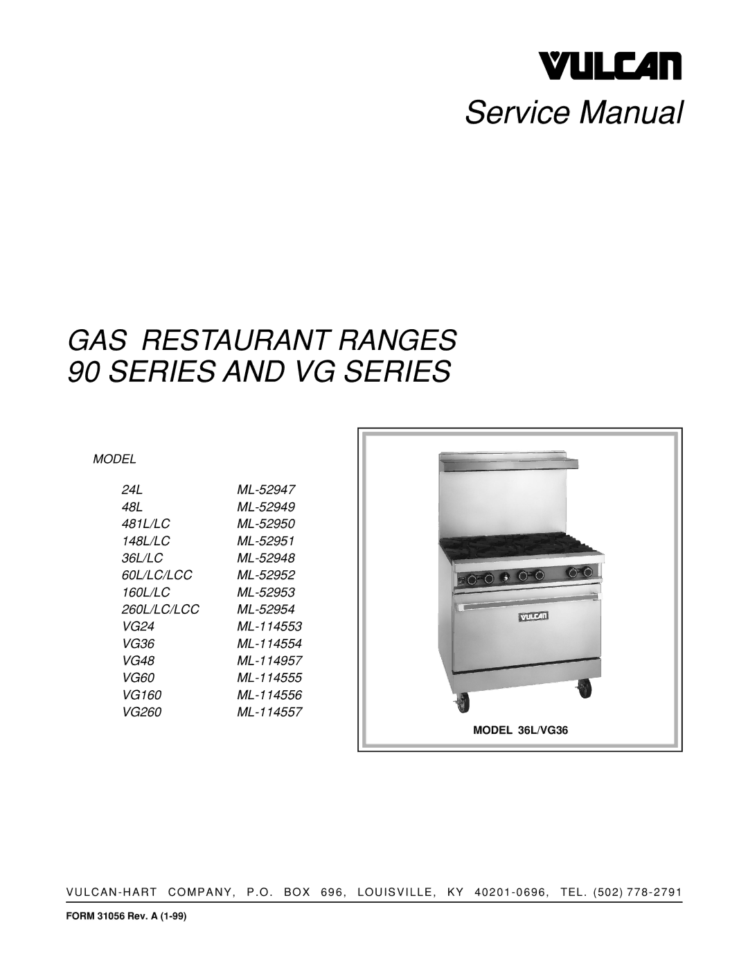 Vulcan-Hart ML-52947, ML-52953, ML-52950, ML-52952, ML-52951, ML-52949, ML-114957, ML-52948 service manual Series and VG Series 