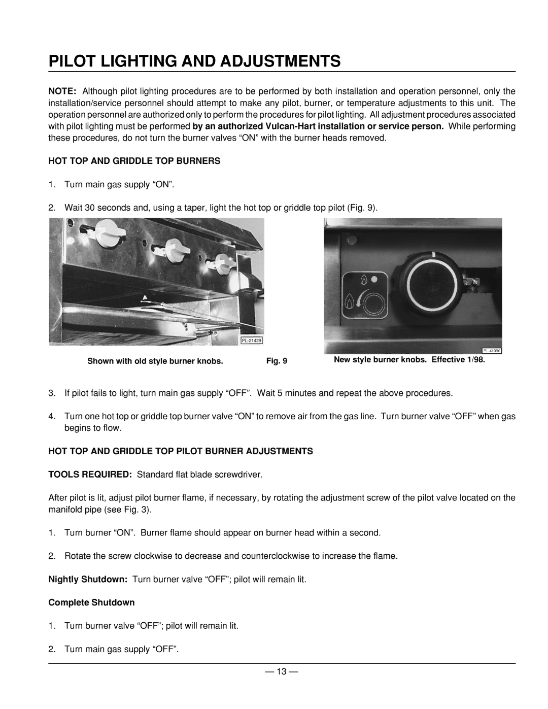 Vulcan-Hart ML-114555, ML-52953 Pilot Lighting and Adjustments, HOT TOP and Griddle TOP Burners, Complete Shutdown 