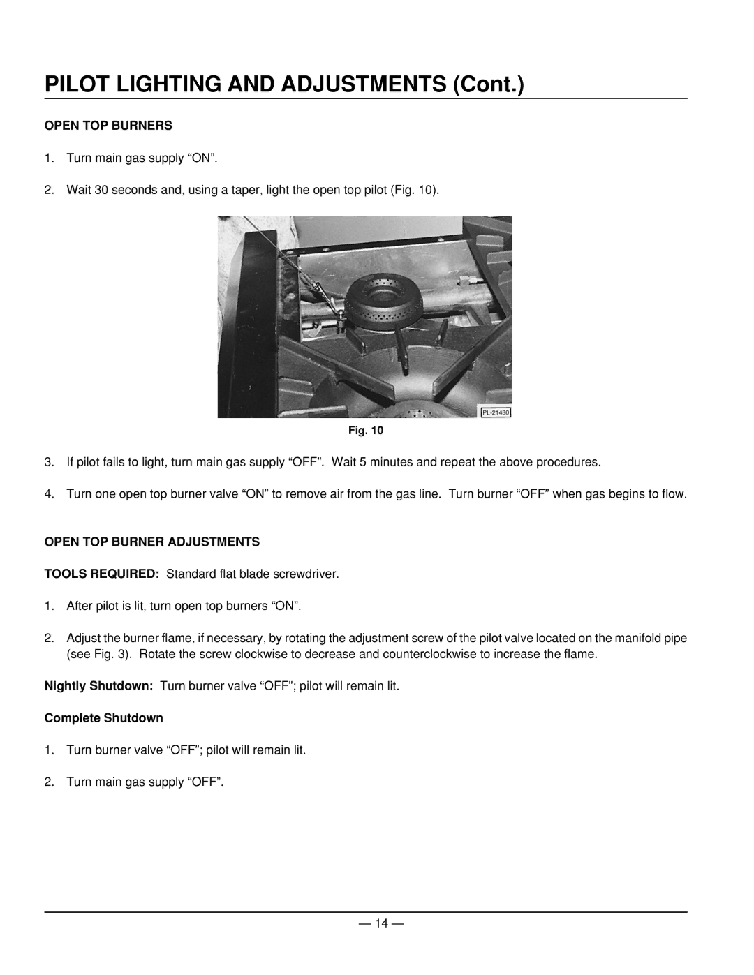 Vulcan-Hart ML-52953, ML-52947, ML-52950 Pilot Lighting and Adjustments, Open TOP Burners, Open TOP Burner Adjustments 