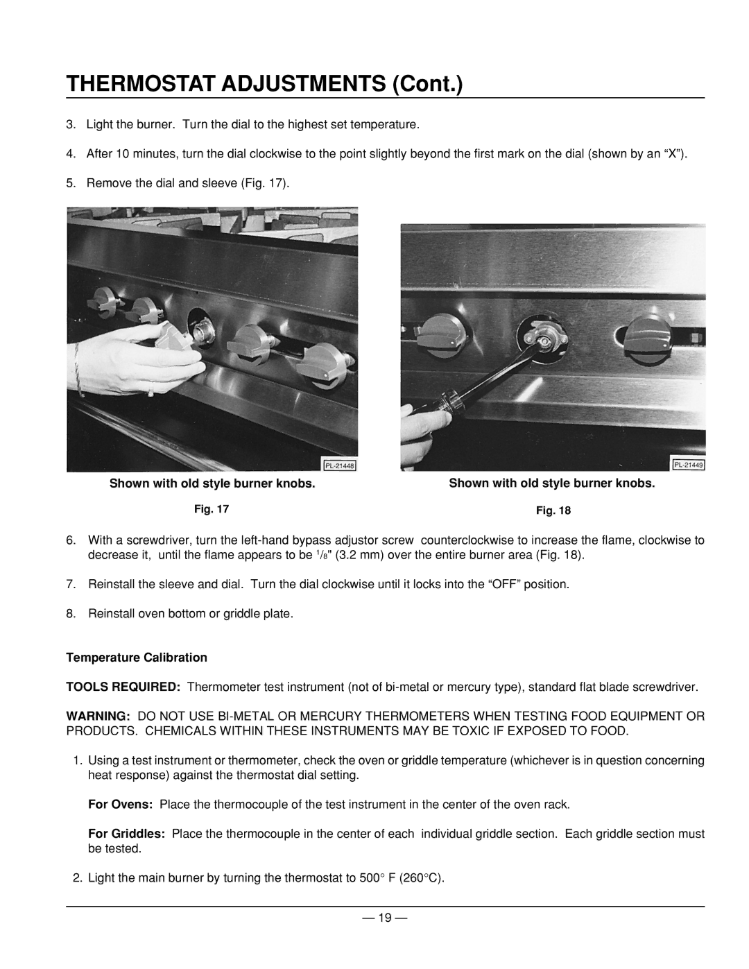 Vulcan-Hart ML-52949, ML-52953, ML-52947 Thermostat Adjustments, Shown with old style burner knobs, Temperature Calibration 