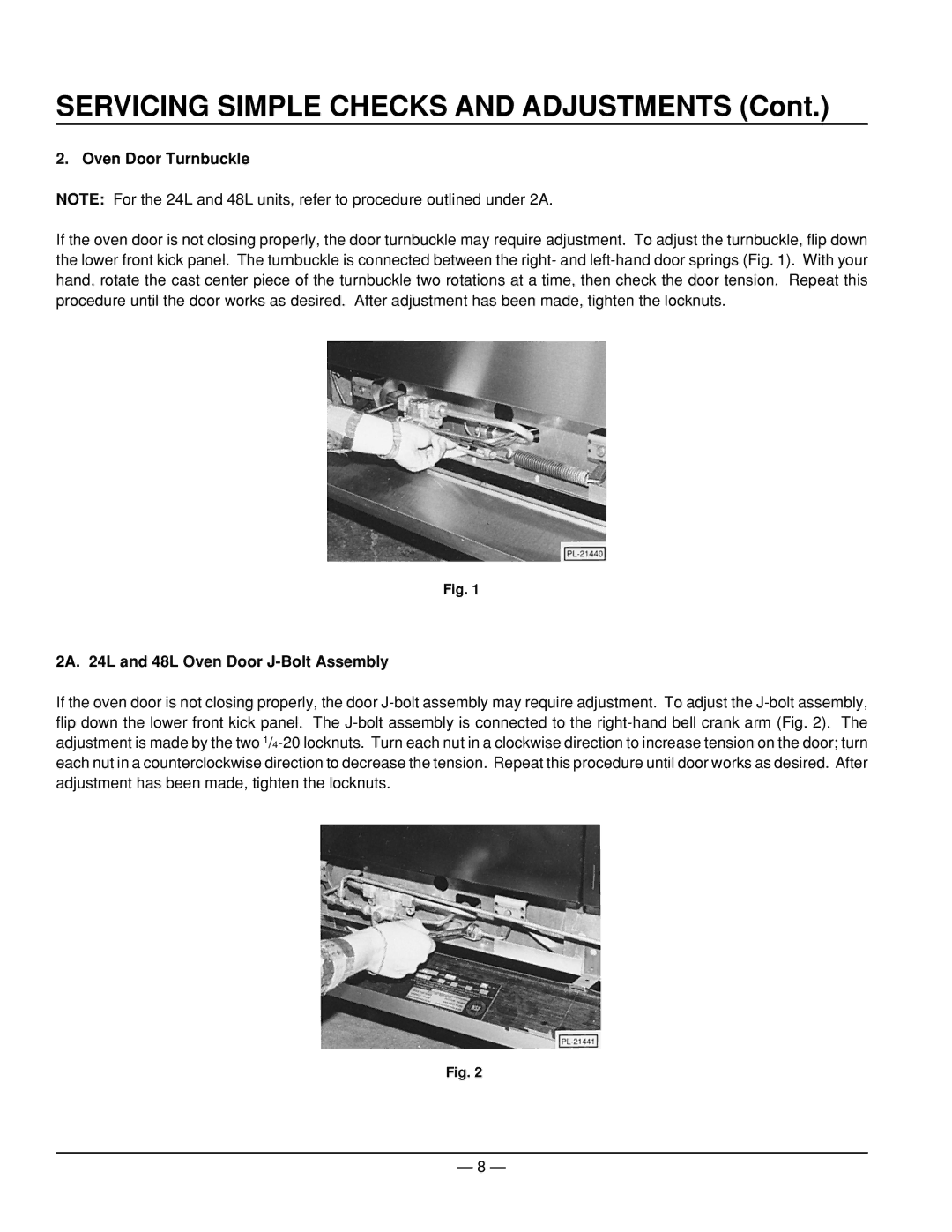 Vulcan-Hart ML-52954 Servicing Simple Checks and Adjustments, Oven Door Turnbuckle, 2A L and 48L Oven Door J-Bolt Assembly 