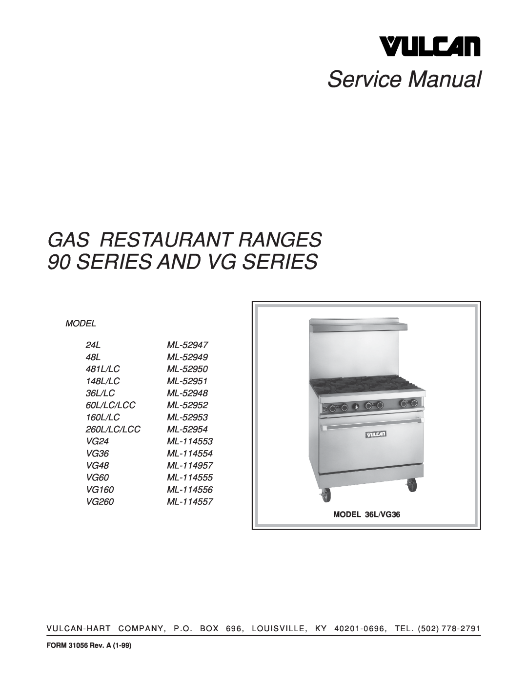 Vulcan-Hart ML-52947, ML-52953, ML-52950 service manual Service Manual, Series And Vg Series, Gas Restaurant Ranges 