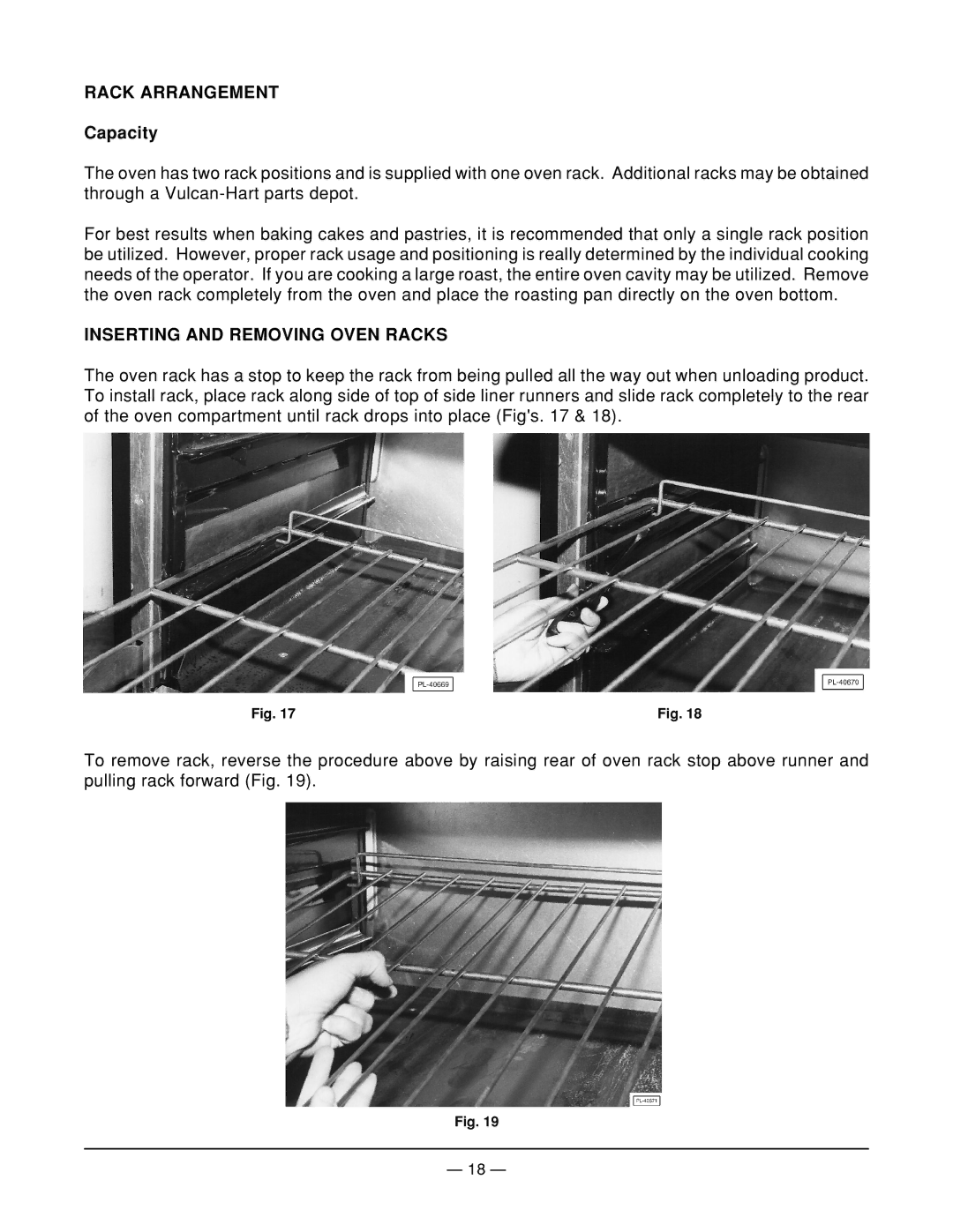 Vulcan-Hart EG36 ML-52487, MODEL EG36, EG48 ML-114956 Rack Arrangement, Capacity, Inserting and Removing Oven Racks 