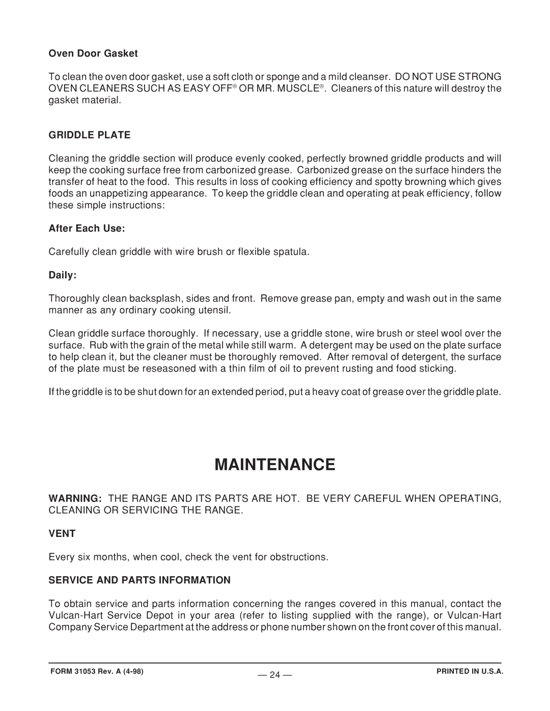 Vulcan-Hart EG24 ML-52486, MODEL EG36, EG48 ML-114956 Maintenance, Griddle Plate, Vent, Service and Parts Information 