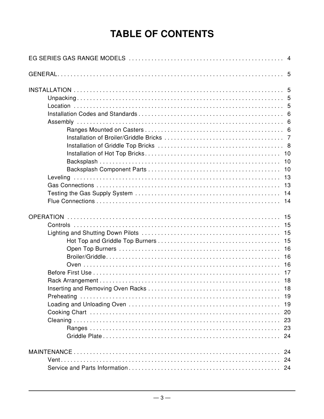 Vulcan-Hart EG24 ML-52486, MODEL EG36, EG48 ML-114956, EG260 ML-52490, EG36 ML-52487, EG60 ML-52488 Table of Contents 