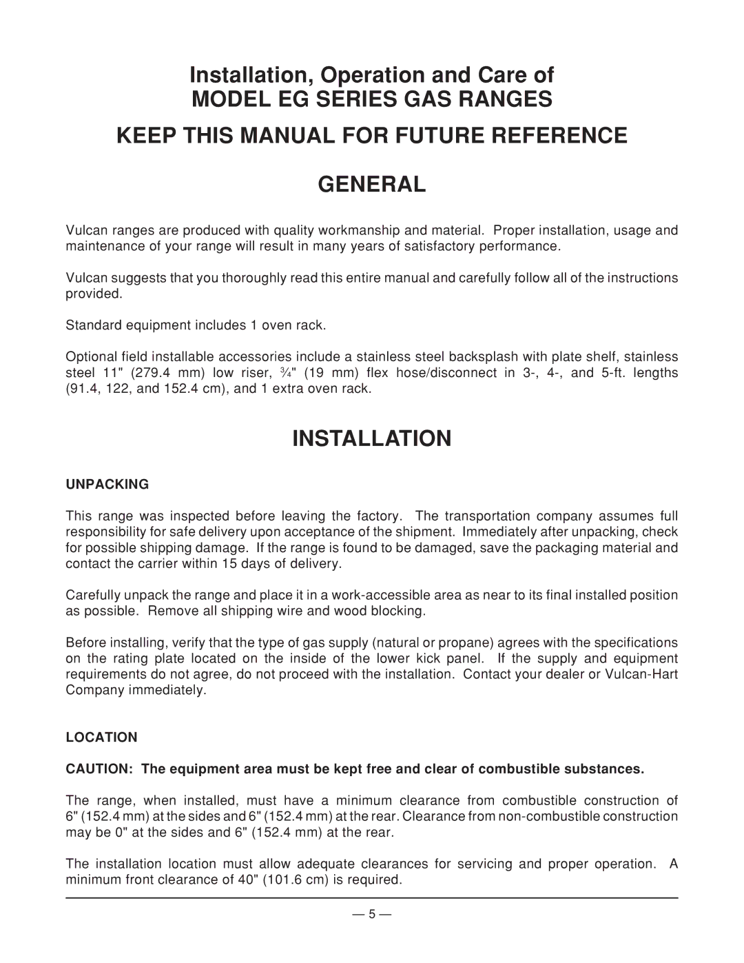 Vulcan-Hart EG60 ML-52488, MODEL EG36, EG48 ML-114956, EG260 ML-52490, EG24 ML-52486 Installation, Unpacking, Location 