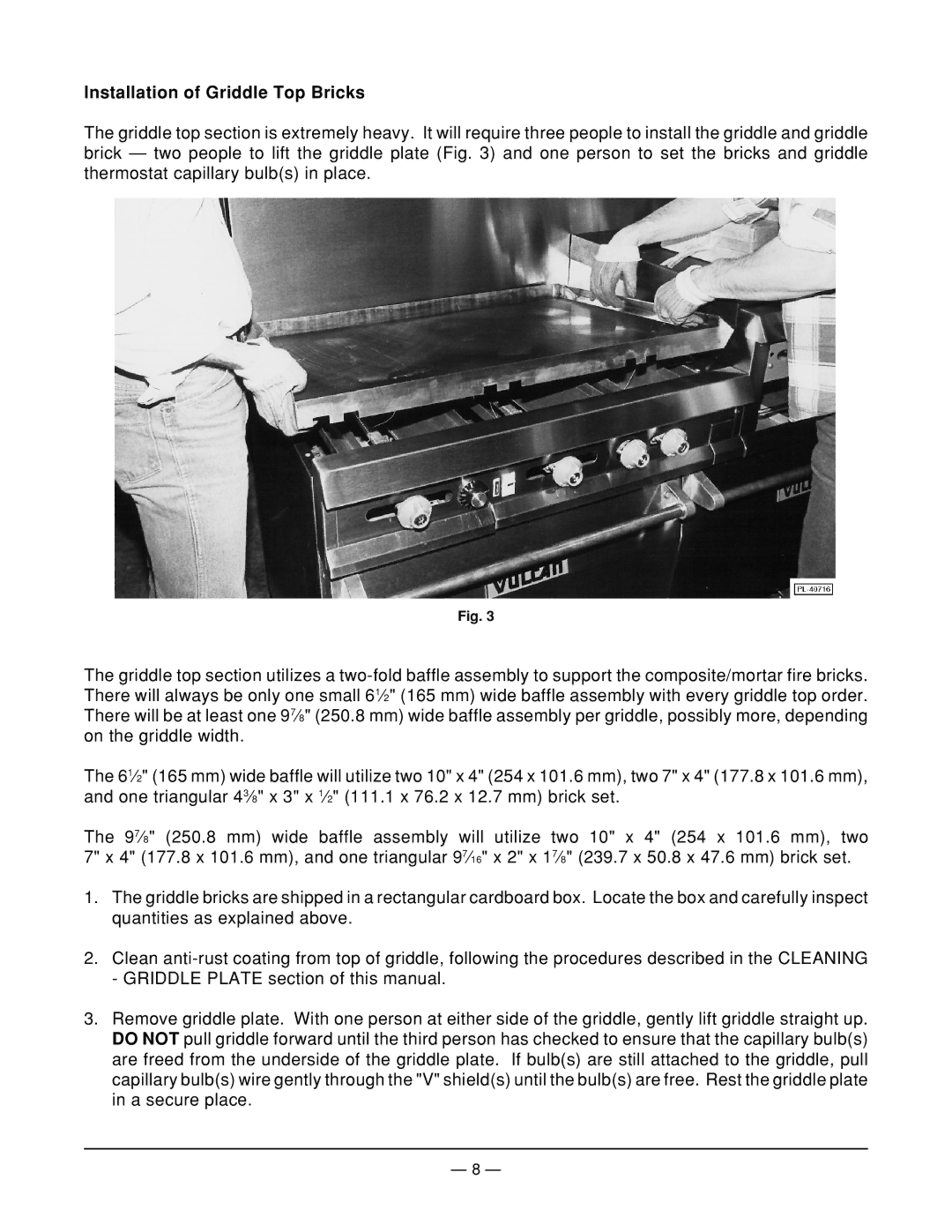 Vulcan-Hart EG48 ML-114956, MODEL EG36, EG260 ML-52490, EG24 ML-52486, EG36 ML-52487 Installation of Griddle Top Bricks 