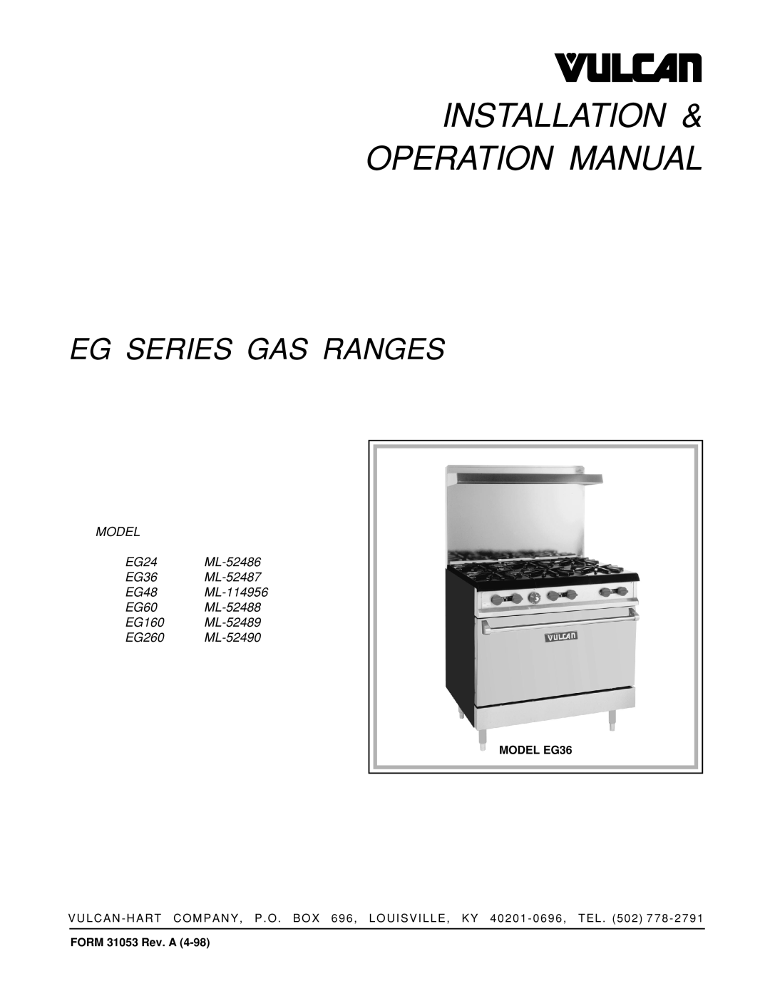 Vulcan-Hart EG48 ML-114956 operation manual Installation & Operation Manual, Eg Series Gas Ranges, MODEL EG36 