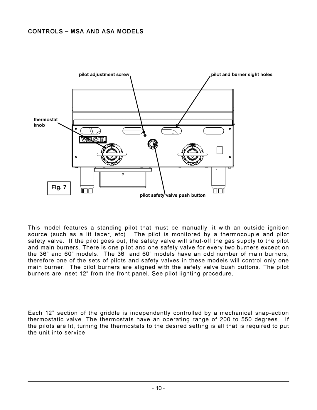 Vulcan-Hart MSA72 ASA72, MSA60 ASA60, MSA48 ASA48, MSA24 ASA24, MSA36 ASA36, AGM60, AGM72, AGM36 Controls MSA and ASA Models 