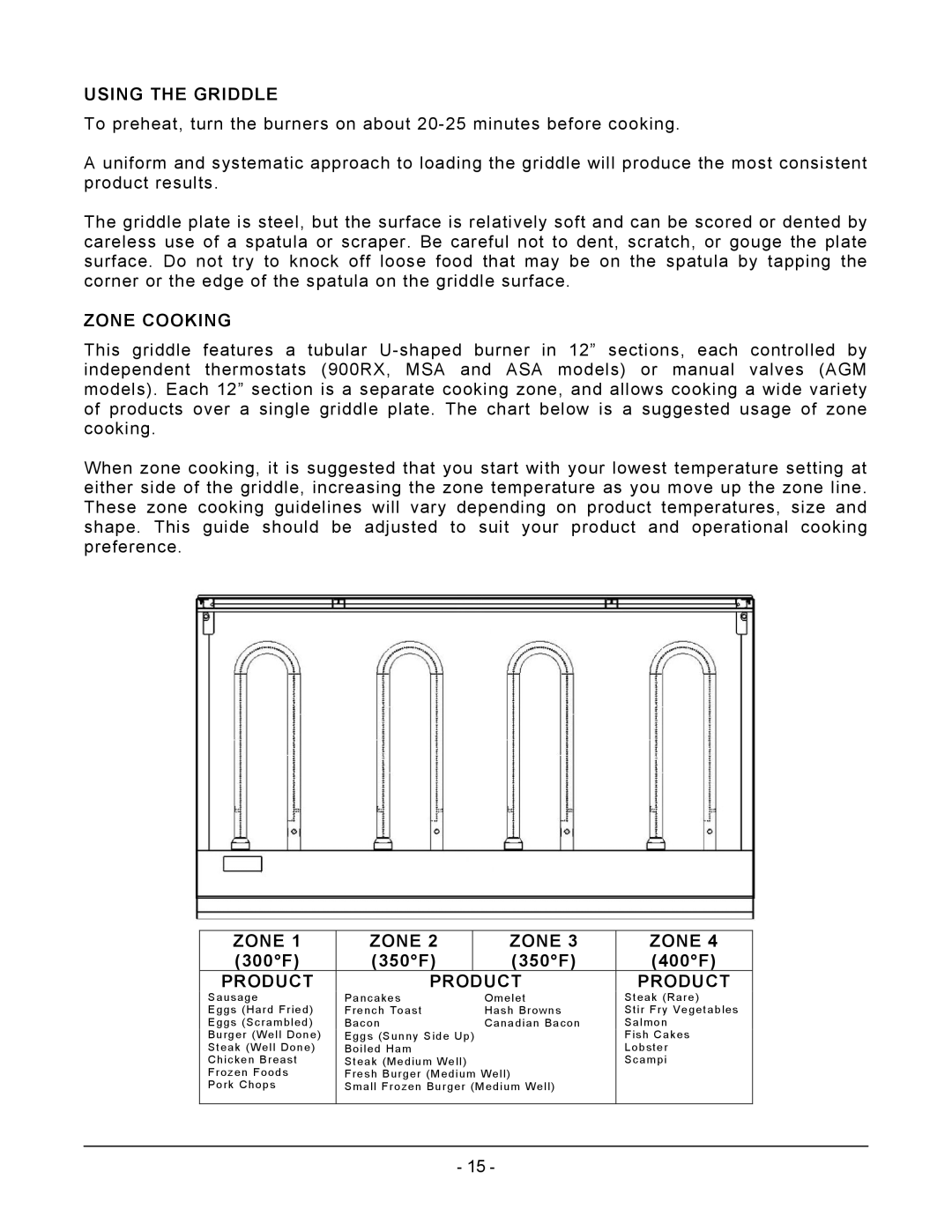 Vulcan-Hart AGM60, MSA72 ASA72, MSA60 ASA60, MSA48 ASA48, AGM72 Using the Griddle, Zone Cooking, 300F 350F 400F, Product 