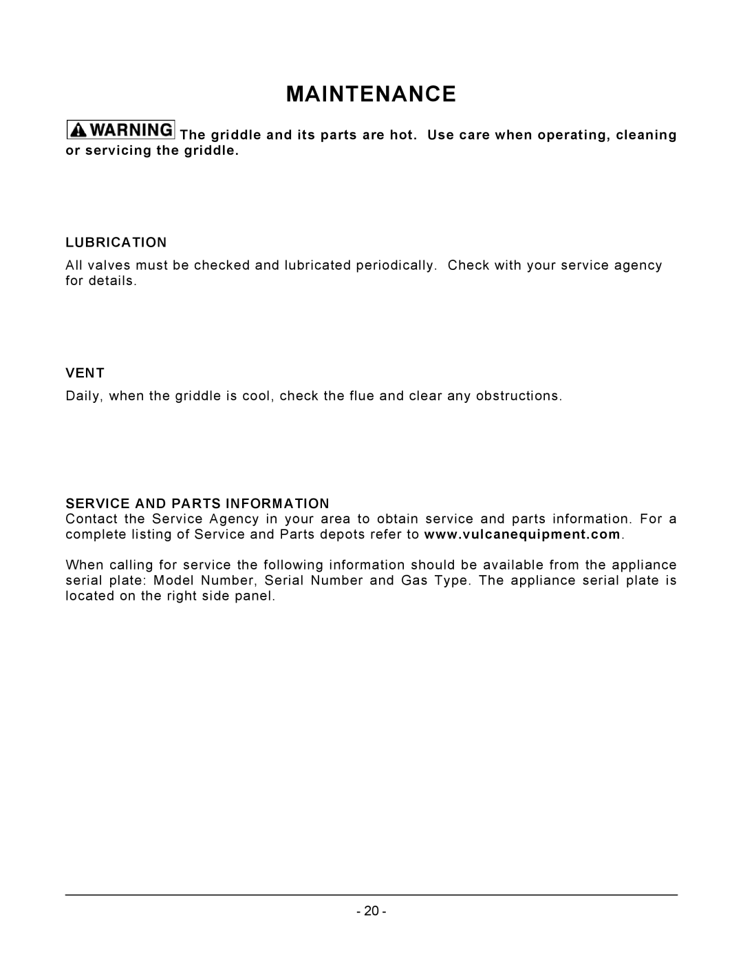 Vulcan-Hart MSA72 ASA72, MSA60 ASA60, MSA48 ASA48, MSA24 ASA24 Maintenance, Lubrication, Vent, Service and Parts Information 