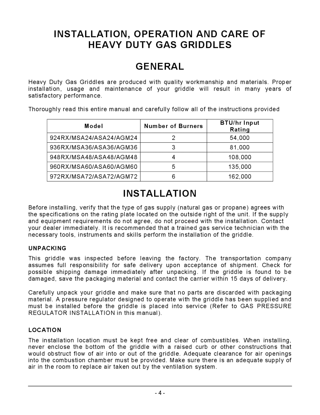 Vulcan-Hart MSA36 ASA36, MSA72 ASA72, AGM60 Installation, Model Number of Burners BTU/hr Input Rating, Unpacking, Location 