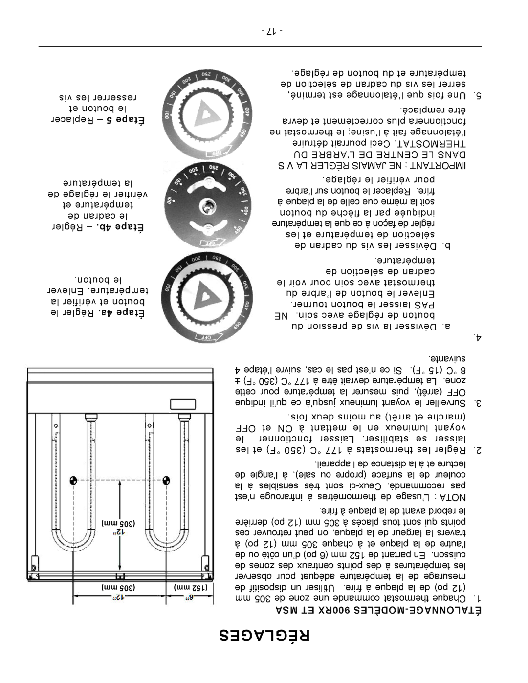 Vulcan-Hart MSA60 ASA60, MSA72 ASA72, MSA48 ASA48, MSA24 ASA24, MSA36 ASA36, AGM60 Réglages, MSA ET 900RX MODÈLES-ÉTALONNAGE 