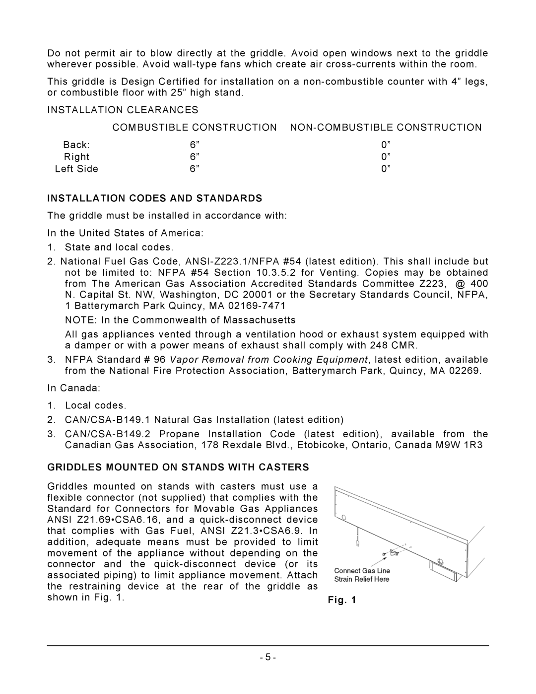 Vulcan-Hart AGM60, MSA72 ASA72, MSA60 ASA60, AGM72 Installation Codes and Standards, Griddles Mounted on Stands with Casters 