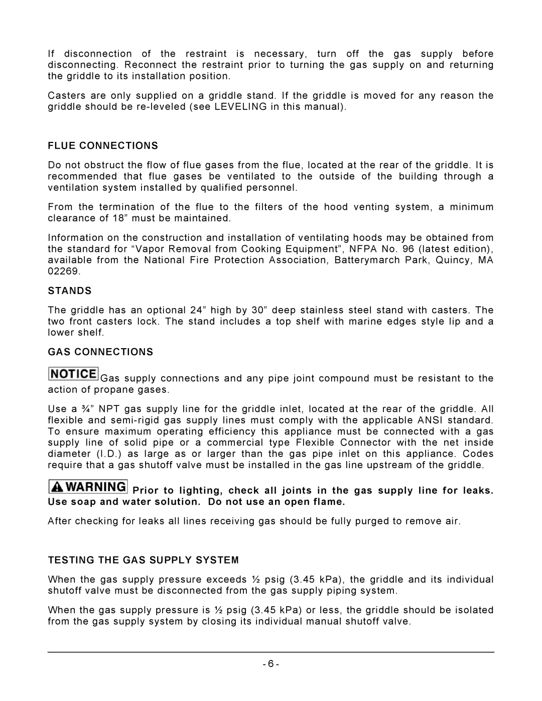 Vulcan-Hart AGM72, MSA72 ASA72, MSA60 ASA60, AGM60 Flue Connections, Stands, GAS Connections, Testing the GAS Supply System 