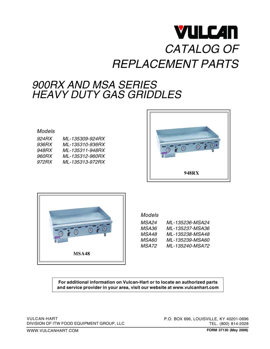 Vulcan-Hart MSA60, MSA72, MSA48, MSA36, MSA24, 960RX, 924RX, 948RX, 972RX, 936RX manual Catalog Replacement Parts 