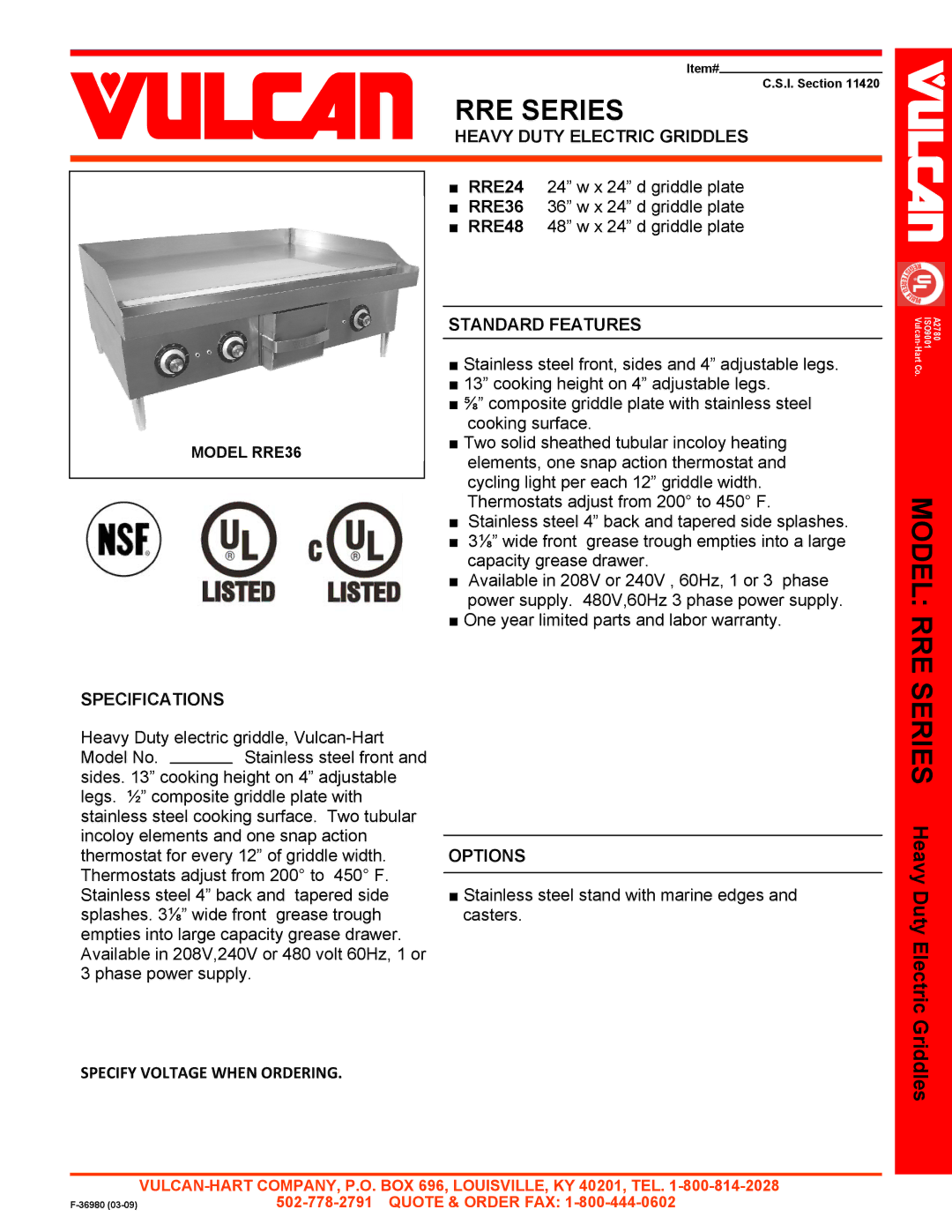 Vulcan-Hart RRE48 48, RRE36 36 warranty Model RRE Series Heavy Duty Electric Griddles, Specify Voltage When Ordering 