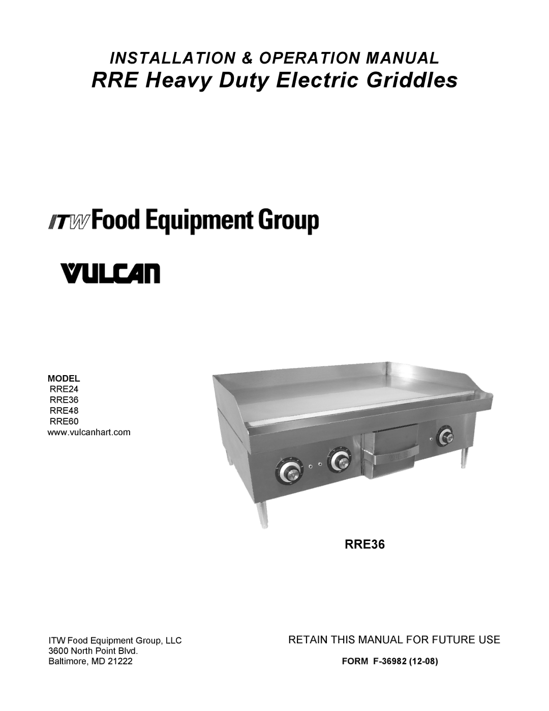 Vulcan-Hart RRE36, RRE60, RRE24 operation manual RRE Heavy Duty Electric Griddles 