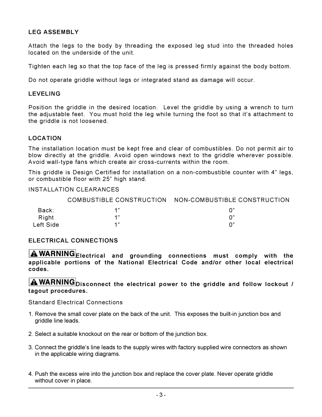 Vulcan-Hart RRE60, RRE36, RRE24 operation manual LEG Assembly, Leveling, Location, Electrical Connections 