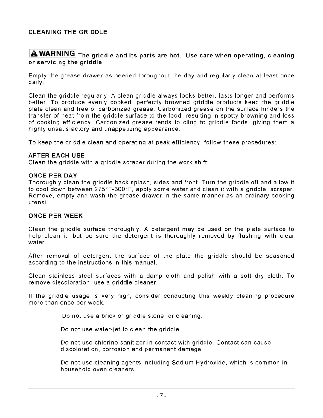 Vulcan-Hart RRE36, RRE60, RRE24 operation manual Cleaning the Griddle, After Each USE, Once PER DAY, Once PER Week 