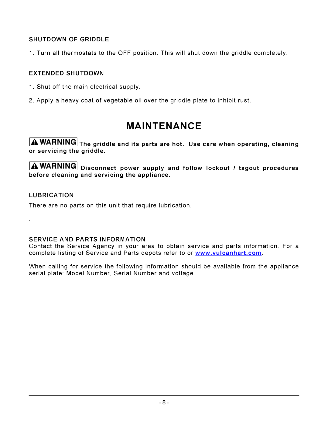 Vulcan-Hart RRE24, RRE60 Maintenance, Shutdown of Griddle, Extended Shutdown, Lubrication, Service and Parts Information 