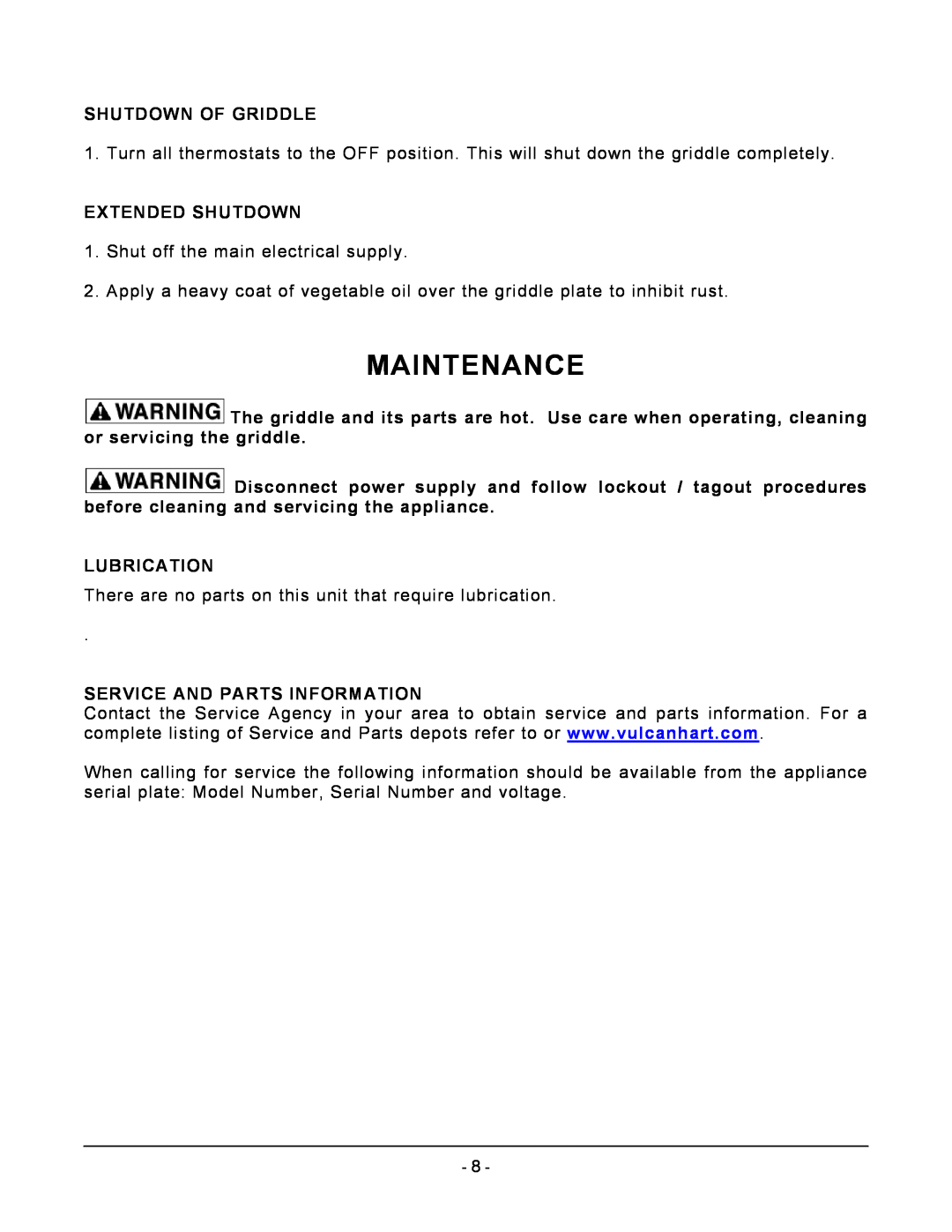 Vulcan-Hart RRE24, RRE60 Maintenance, Shutdown Of Griddle, Extended Shutdown, Lubrication, Service And Parts Information 