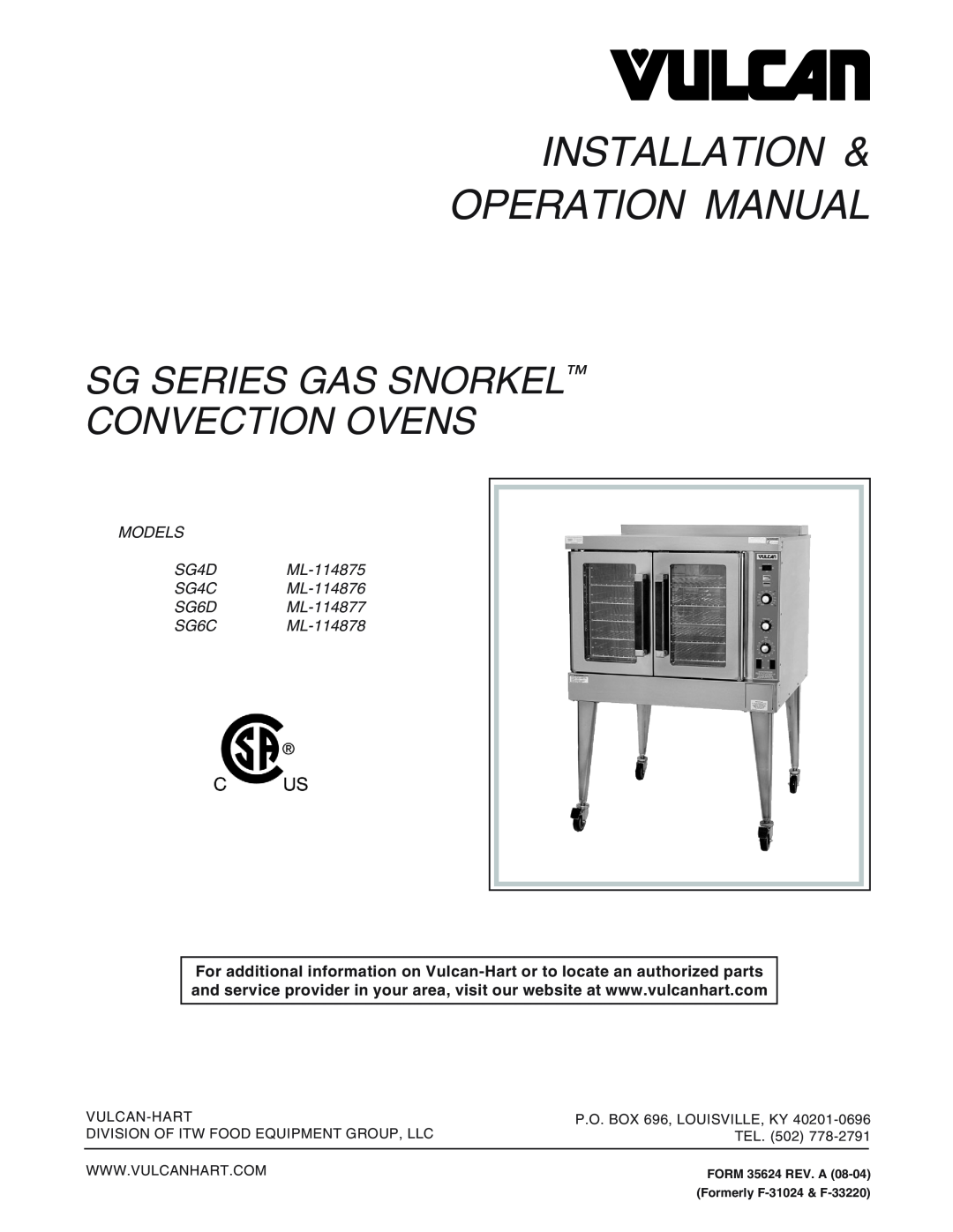 Vulcan-Hart SG6D ML-114877, SG4D ML-114875, SG6C ML-114878 operation manual Sg Series Gas Snorkel Convection Ovens 