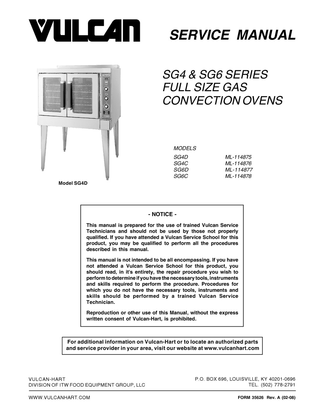 Vulcan-Hart SG4D service manual SG4 & SG6 Series Full Size GAS Convection Ovens 