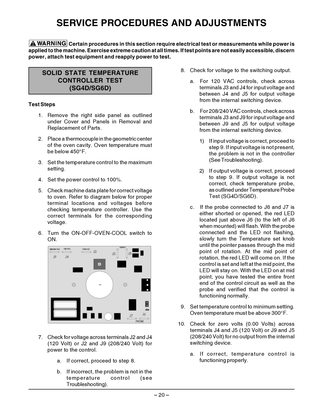 Vulcan-Hart Service Procedures and Adjustments, Solid State Temperature Controller Test SG4D/SG6D, Test Steps 