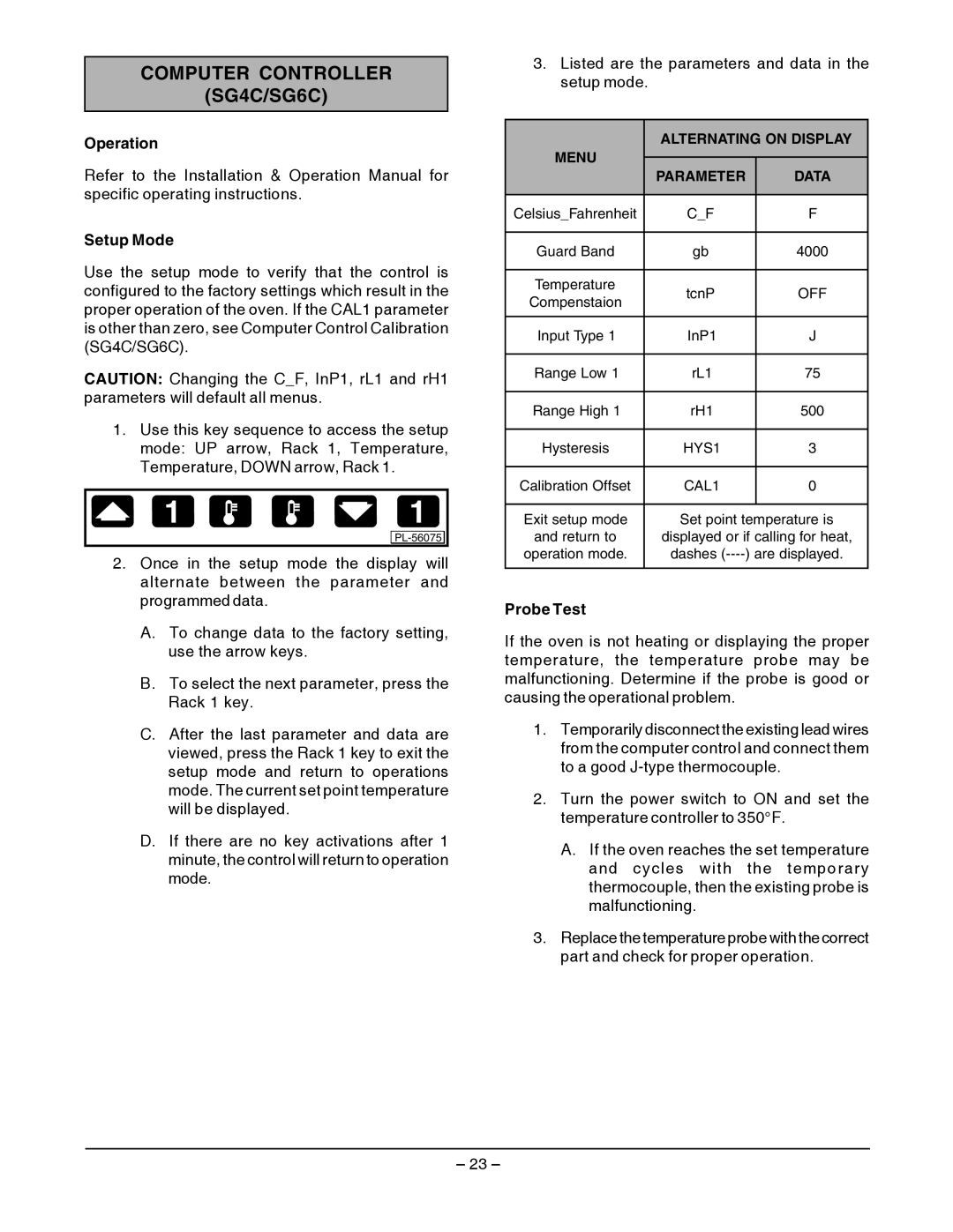 Vulcan-Hart SG4D service manual Computer Controller SG4C/SG6C, Operation Setup Mode, Probe Test 