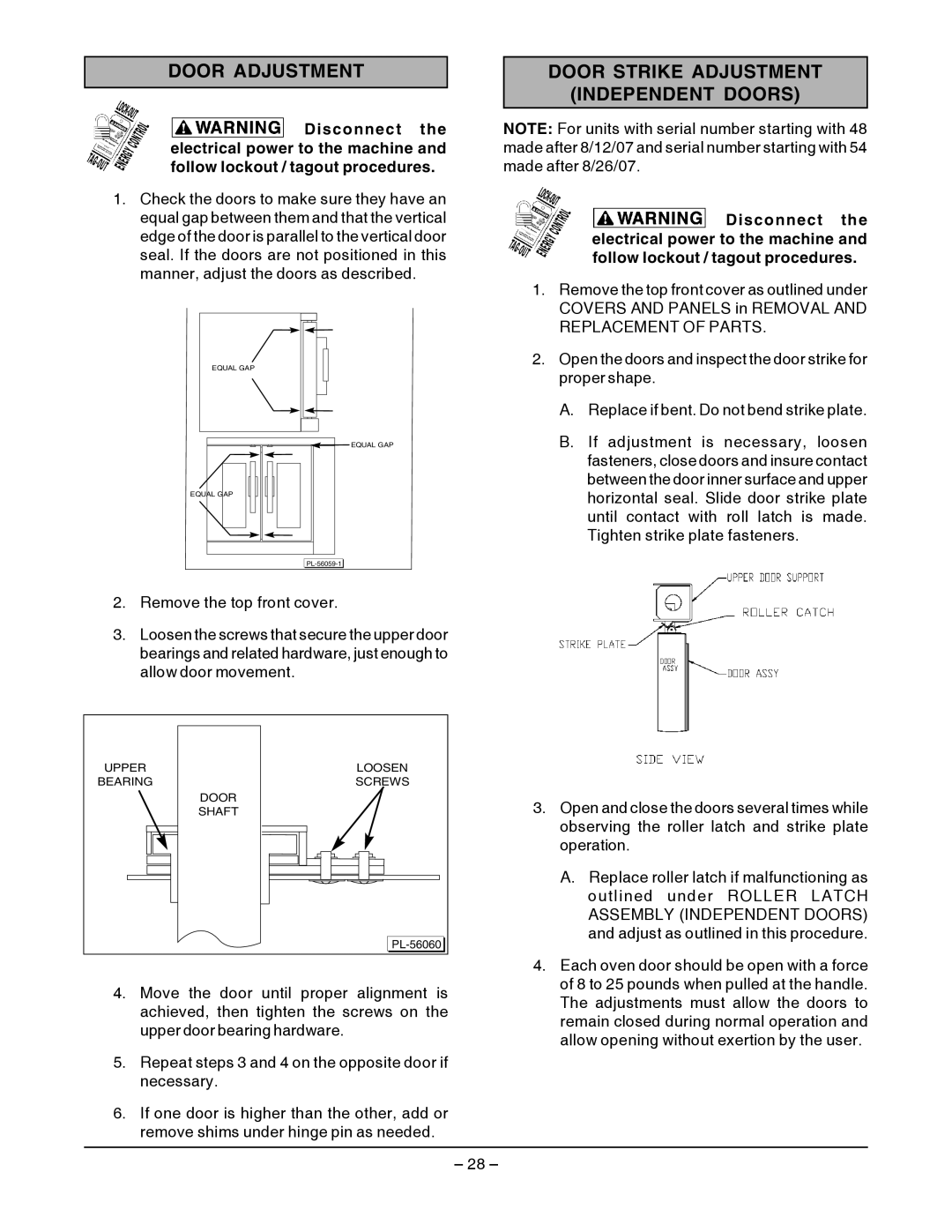 Vulcan-Hart SG4D service manual Door Adjustment, Door Strike Adjustment Independent Doors 