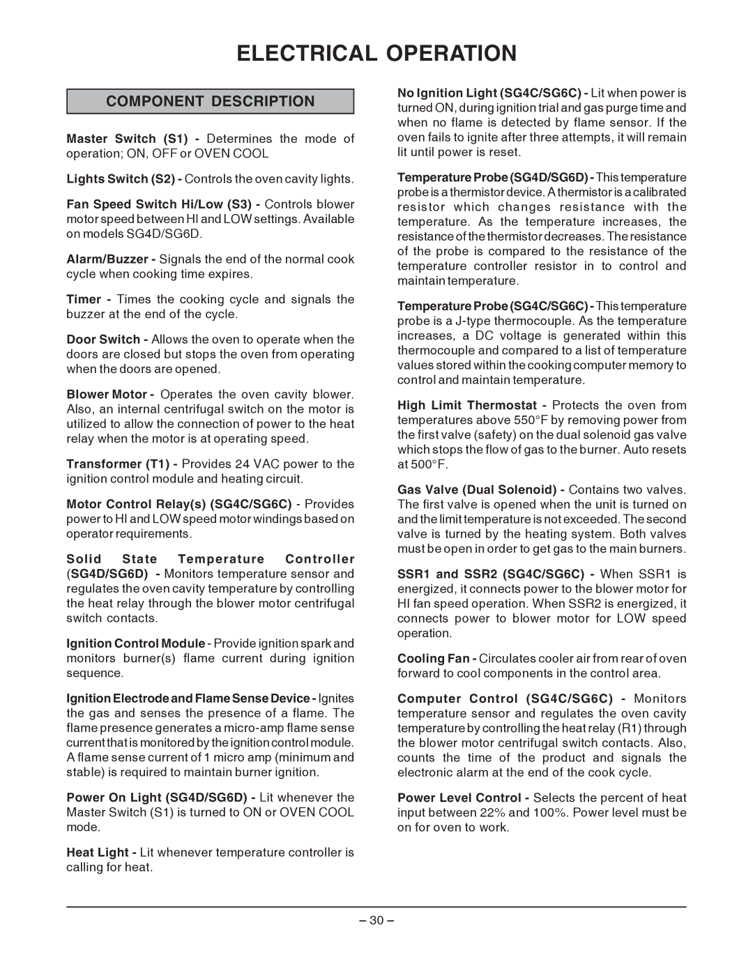 Vulcan-Hart SG4D service manual Electrical Operation, Component Description 