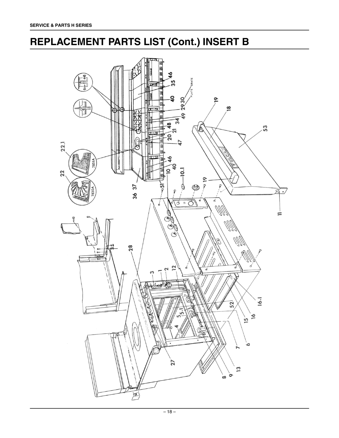 Vulcan-Hart SG7800 manual Replacement Parts List Cont. Insert B 