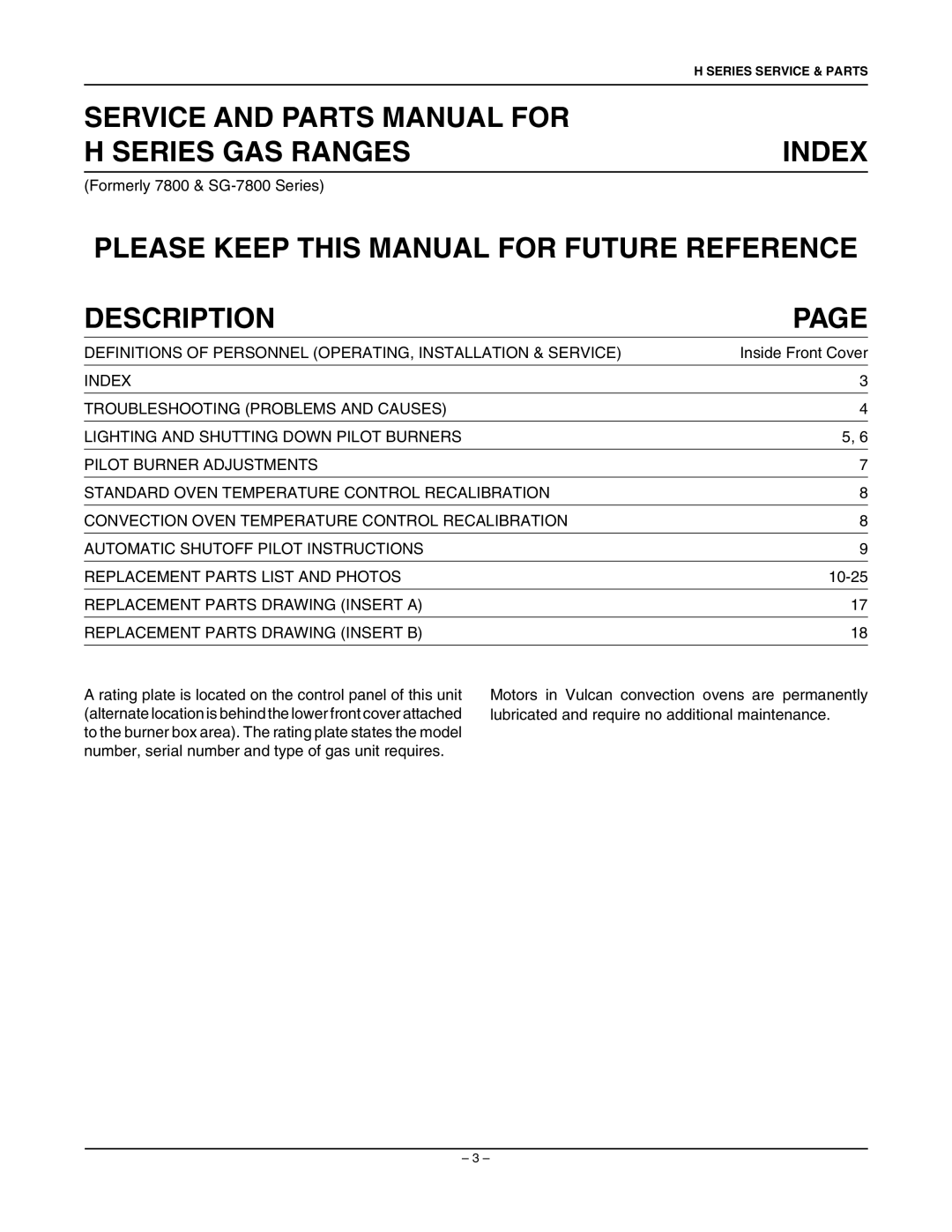 Vulcan-Hart SG7800 manual Service and Parts Manual for Series GAS Ranges Index 